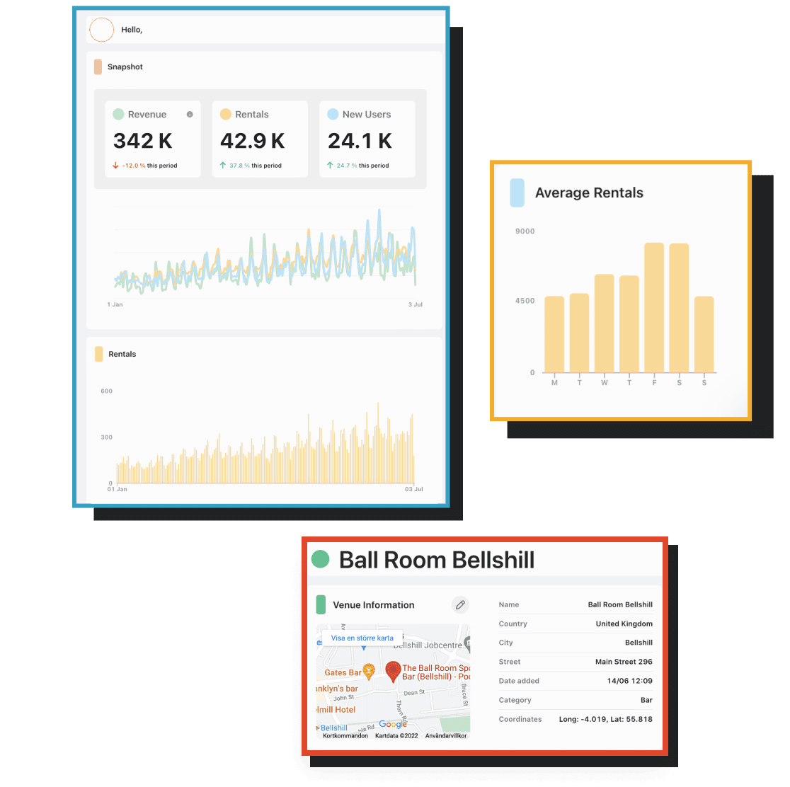 Mehrere Screenshots des Brick-Admin-Dashboards